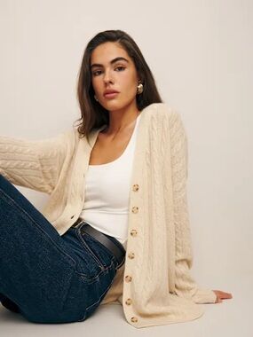 Reformation Giusta Cream Cashmere Cable Knit Cardigan